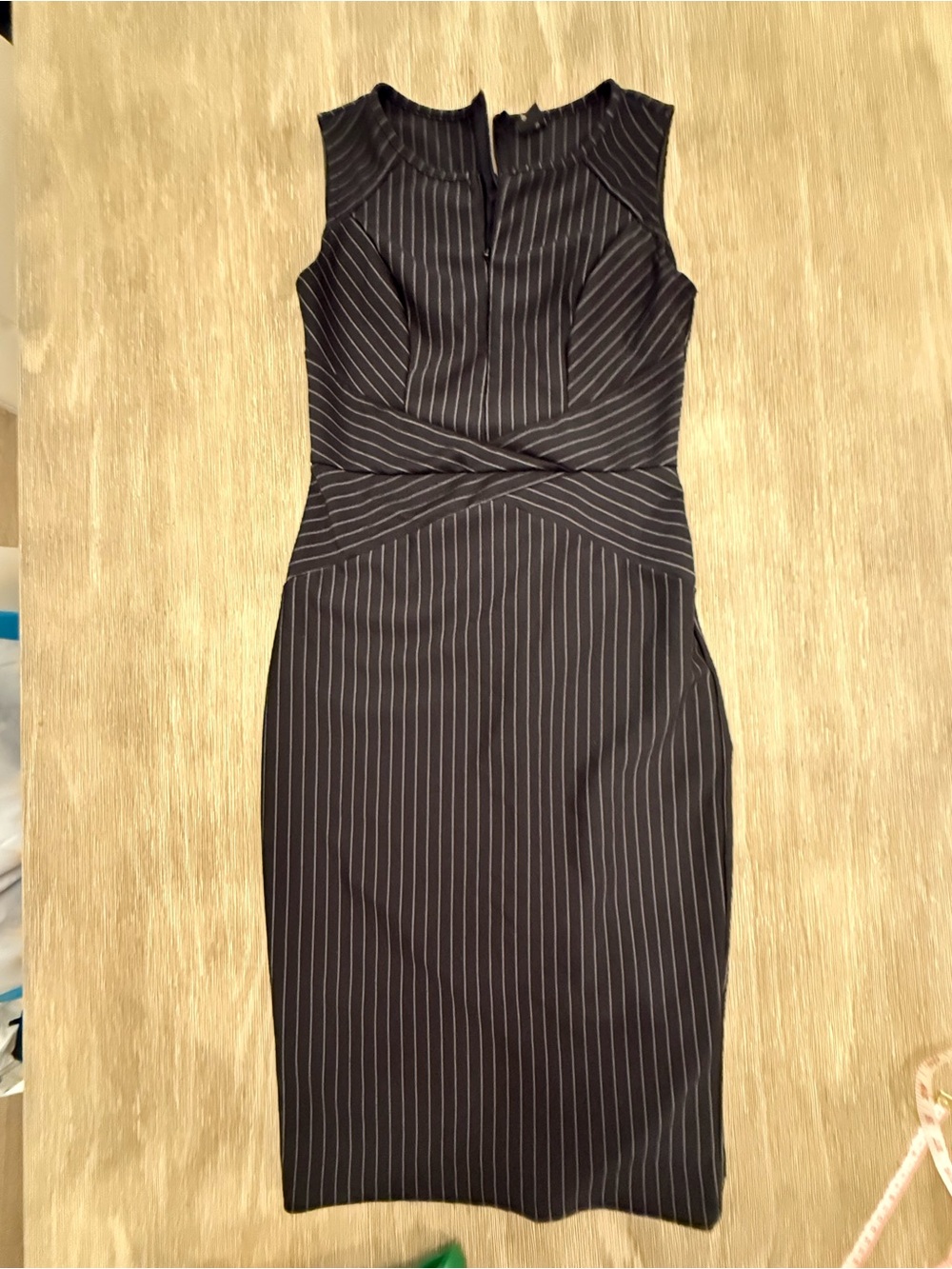Vfshow Sleeveless Pinstripe Midi Sheath Dress Black Crisscross Waist Work Wear